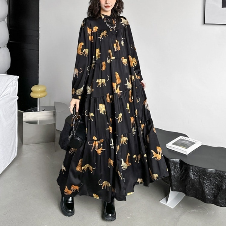 ティアードワンピース ワンピース レディース バンドカラー 長袖 プリントワンピース 柄ワンピ ティアード 配色 ワンピ ロングワンピース 落ち感 ドレープ感 個性的 モード系 体型カバー と