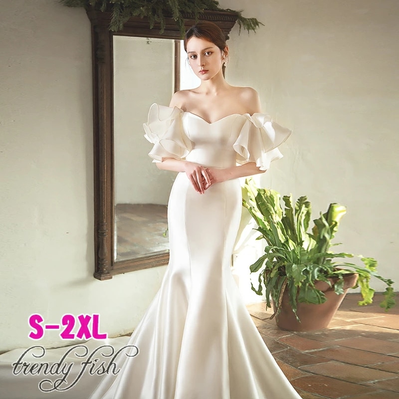 ウエディングドレス ウェディングドレス サテン 結婚式 オフショルダー トレーン マーメイドライン フリル 前撮り/後撮りシンプル 編み上げ 高級感 ロングドレス お花嫁ドレス パーティードレス 挙式