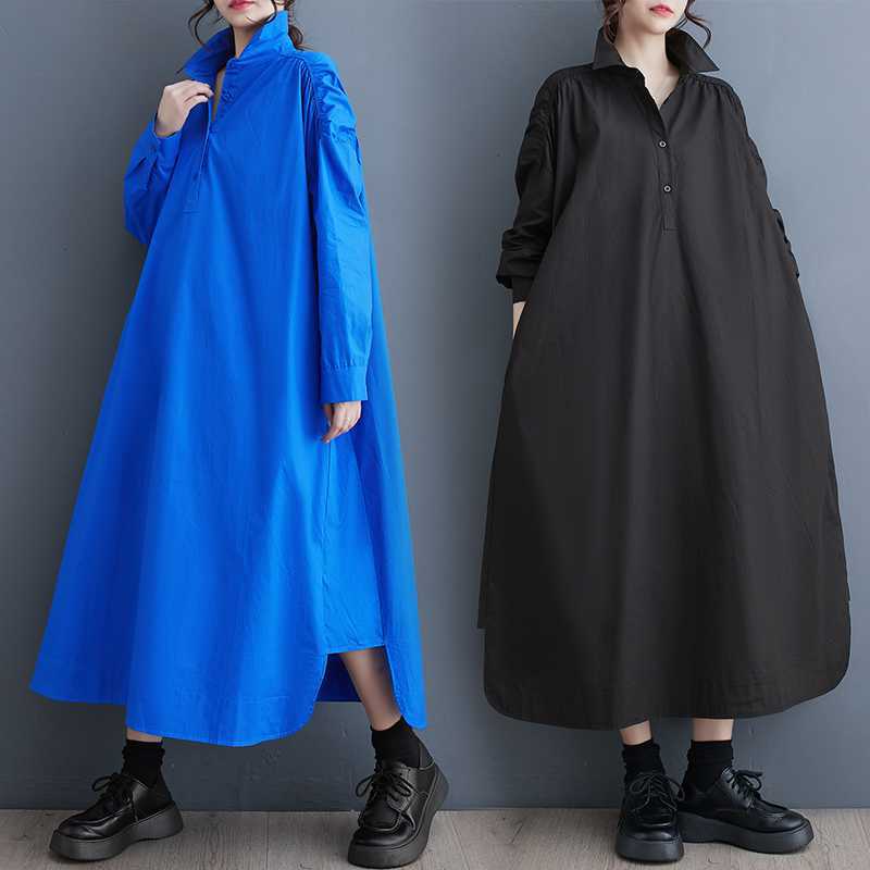 秋 大きいサイズ レディース ロングワンピース 長袖 バックレス 体型カバー メガ割 「ファットガール」 シャツワンピース