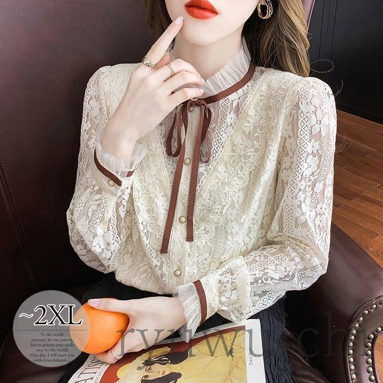 ブラウス トップス 長袖 透け感 薄手 首元フリル オフィス オフィスカジュアル オフィススタイル カジュアルウェア 学校行事 休日スタイル カジュアル