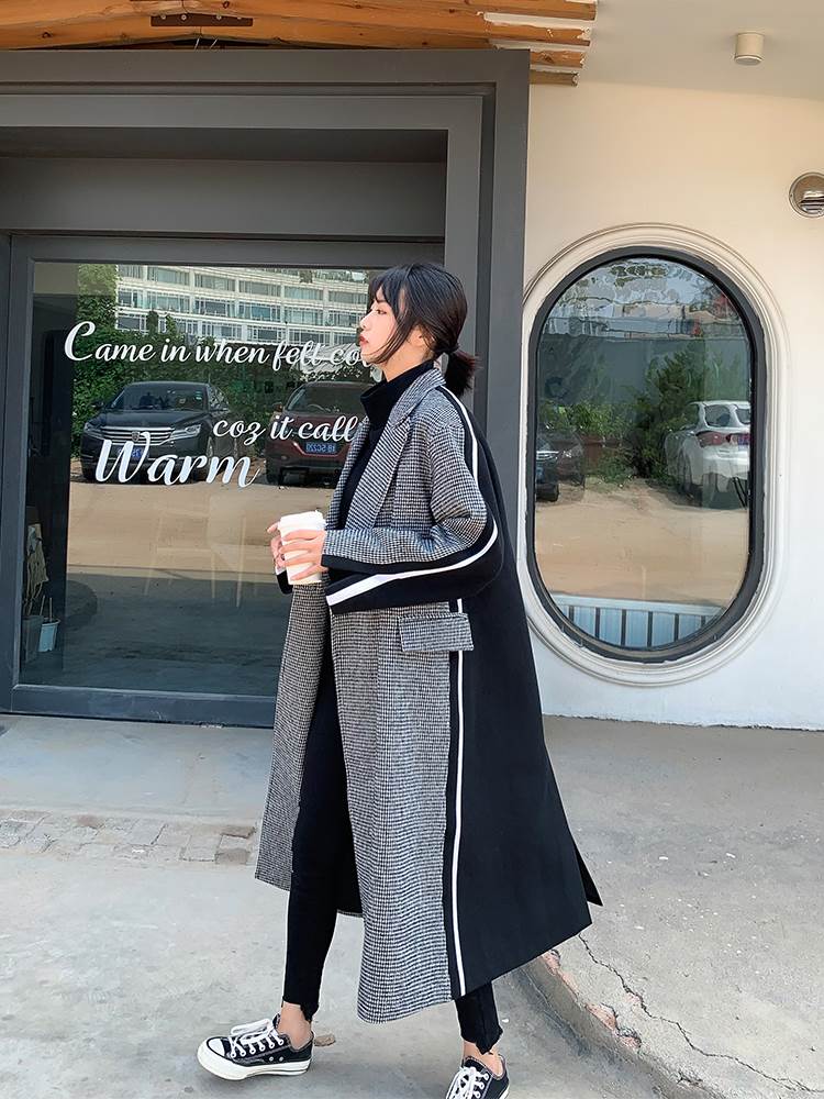 【売れ筋】チェスター コート ロング レディース アウター 人気 おすすめ 千鳥格子 個性的 デザイン コントラストカラー ミディアム ルーズ ゆったり 襟付き フロントボタン ポケット マニッシュ