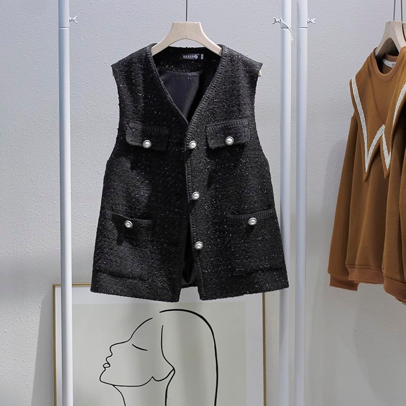 【L-3XL】Vネックツイードジレ ツイードジレ ツイード パールボタン ジレ ベスト トップス レディース ショート コート レディース 春 秋 冬 オフィスコーデ ママコーデ 体型カバー a487
