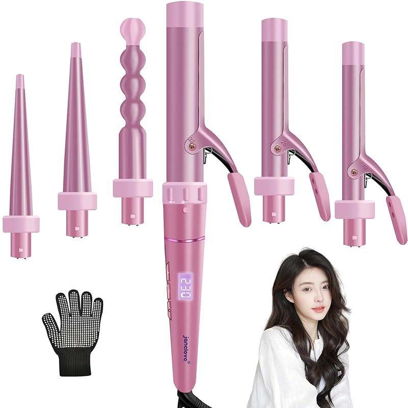 janelove ヘアアイロン 6イン1 カールアイロンセット 80℃－230℃ 16段階温度調節 30秒間急速加熱 ピンク コテ カールアイロン ヘアアイロン カール