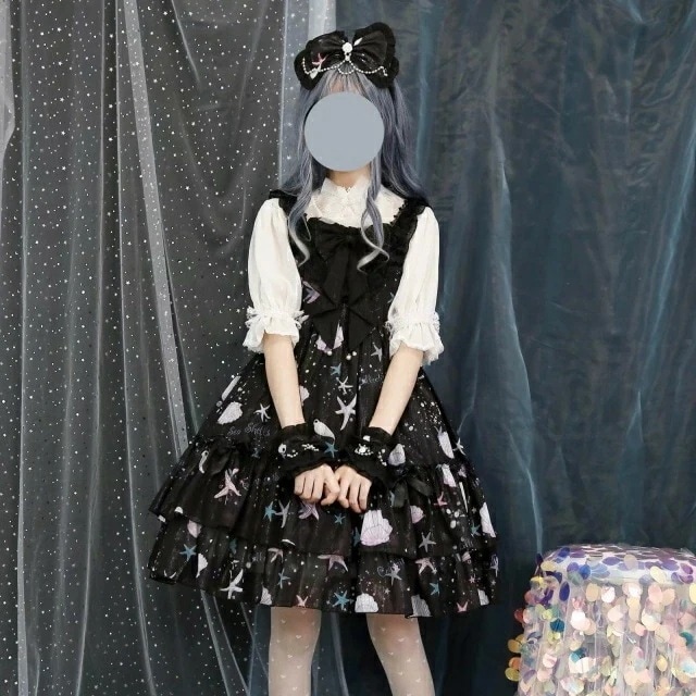 【2点購入で150OFF】品質良い!店舗お勧め! 【急速出荷】ロリータ ワンピース JSK 貝殻 プリント ハイウエスト 可愛い 選べる3カラー S M L XL