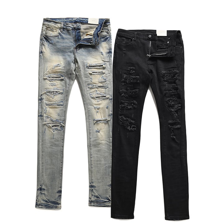 mnml デニム ジーンズ メンズ インディゴライトブルー/ブラックデニム 大きいサイズ ミニマル ジーパン Gパン パンツ スキニー スリム ストレッチ ペイズリー柄