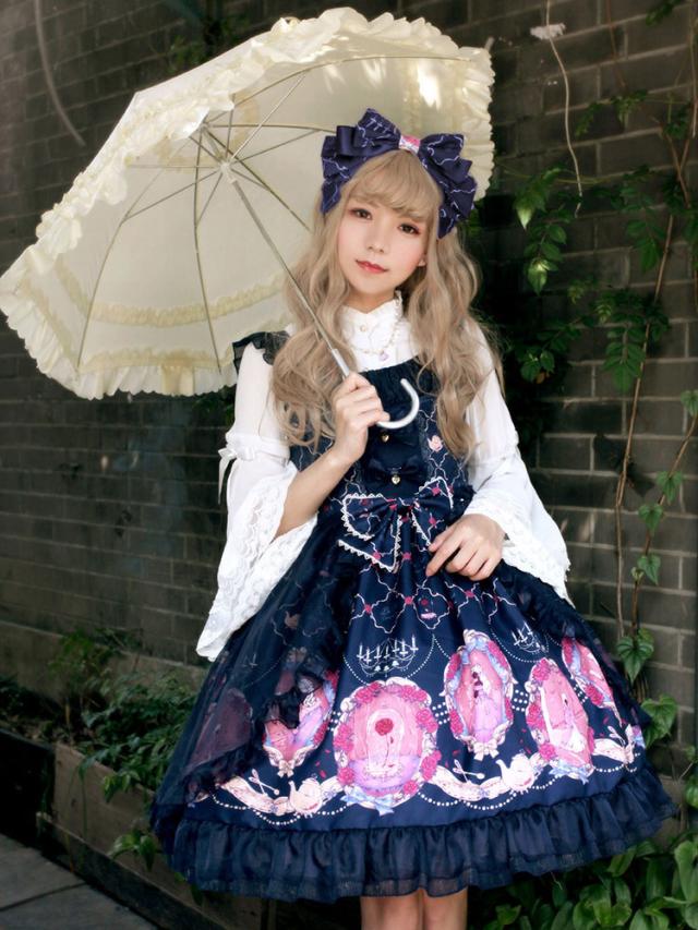 【全店任意2枚購入で100円OFF】ロリィタジャンパースカート　フリル　クラシック＆トラディション　シフォン　プリント柄