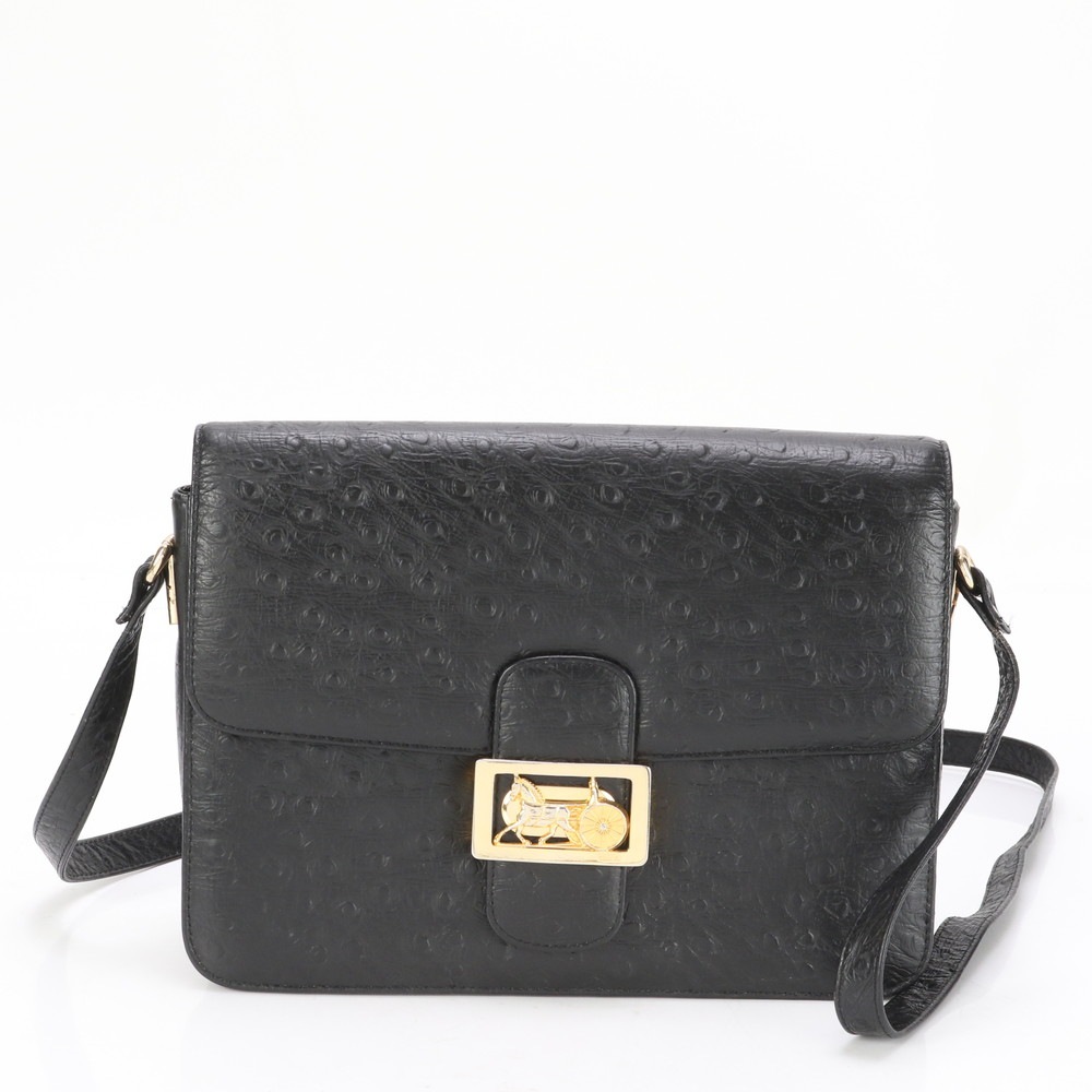 極美品 希少 ヴィンテージ 馬車金具 オーストリッチ レザー ショルダーバッグ ハンド トート レディース EEE AZ34-2 中古