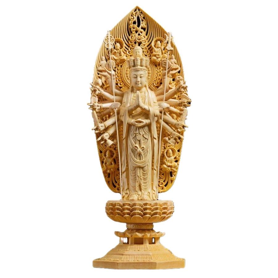 千手観音 仏像 観音像 木彫 檜 細工木彫 風水 開運 工芸品置物 家庭応接間置飾 (43*14.5*14.5)cm