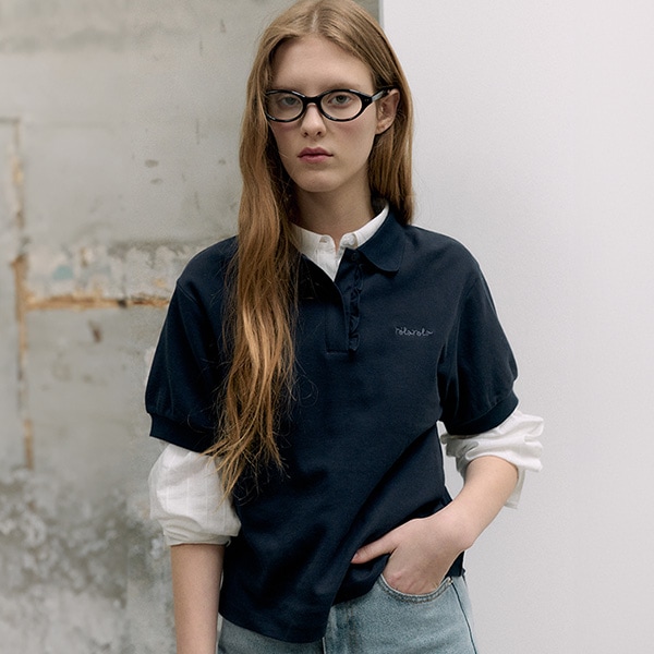 FRILL POINTED COLLAR HALF T-SHIRT NAVY