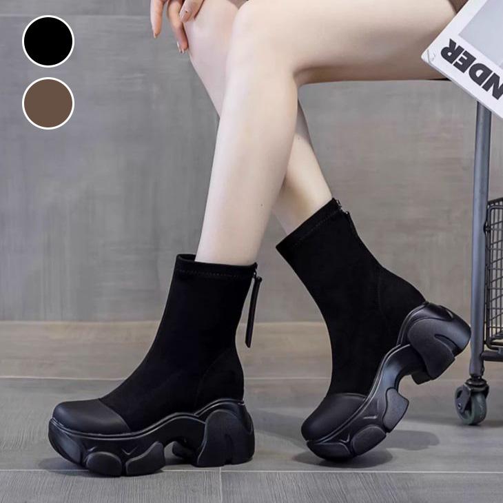 【期間限定】厚底 ショートブーツ バックファスナー 脚長効果 疲れにくい 歩きやすい シンプル 2024秋冬新作【ash409-008】【予約販売：15-20日】宅込