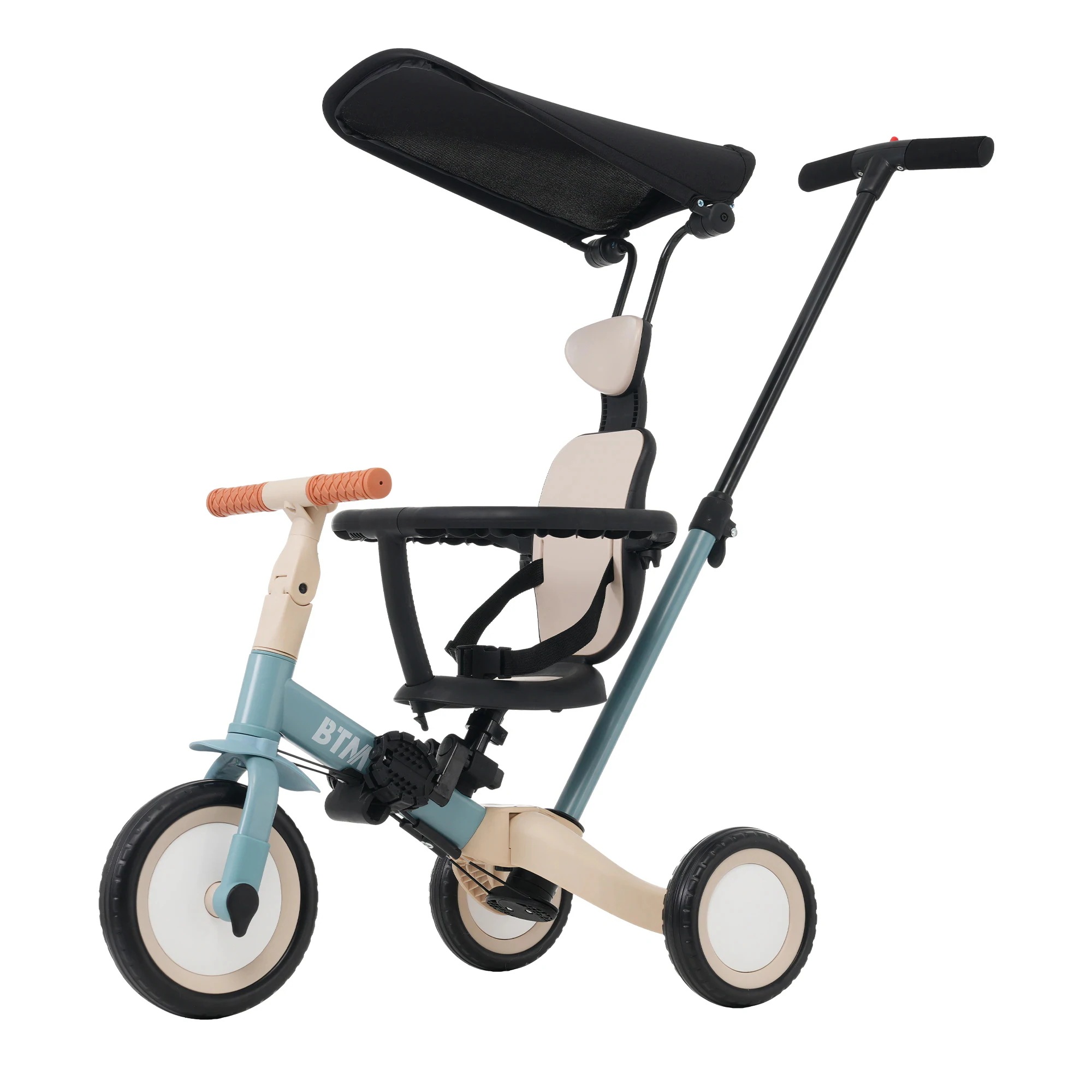 【急速出荷!】1412【ブルー】子供用三輪車 5in1 自転車 オリジナル 押し棒付き 安全バー付き サンシェード付き