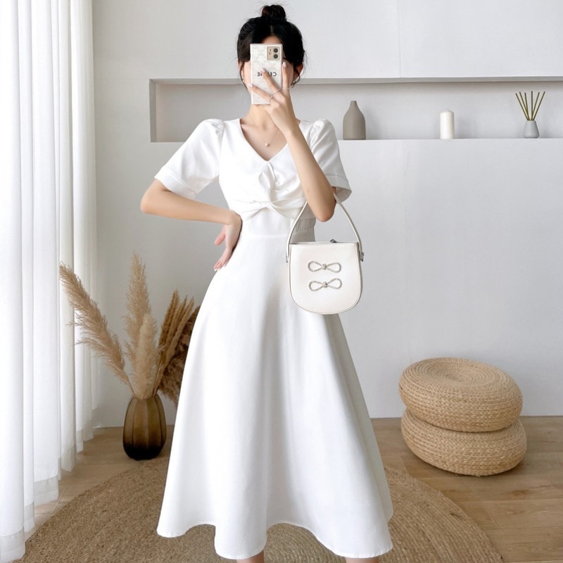 ワンピース パーティー 膝下丈 プリンセスライン 半袖 Vネック Aライン スリム 細身 2XL ブラック ホワイト 個性的 無地 春 夏 秋 オケージョン フォーマル デート レディース