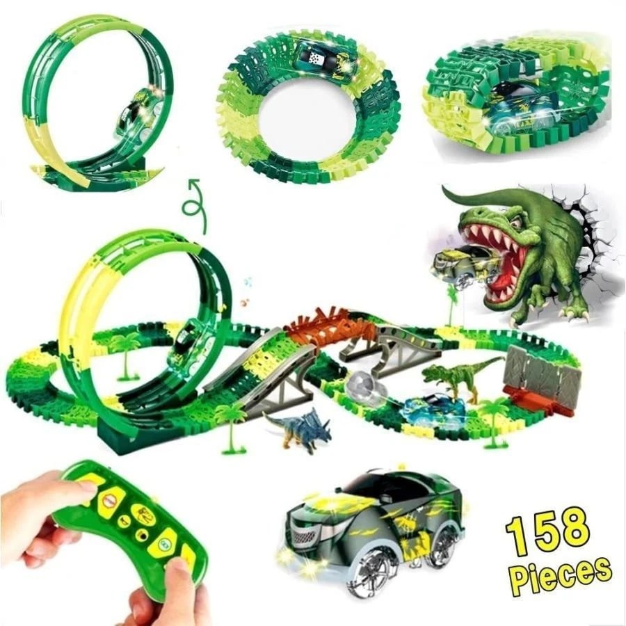 おもちゃ ミニカー 恐竜 車 レール ラジコン 組み立て 知育玩具 コースを作ってラジコンを走らせよう