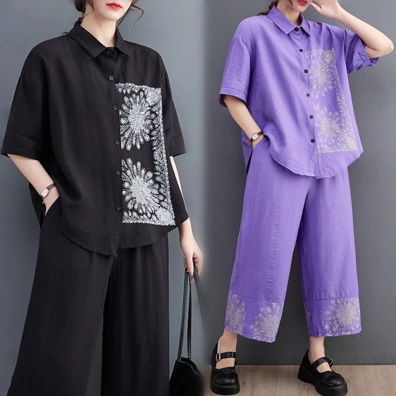 大きいサイズレディース服韓国ファッションブラウス半袖ワイドパンツ上下二点セットアップ肌にやさしい通気綿