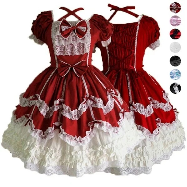 全7色 ロリータ ワンピース ゴスロリ ゴシック コスプレ メイド 衣装 コスチューム カラバリ豊富 可愛い かわいい リボン 原宿 赤 黒 白 青い ピンク S L
