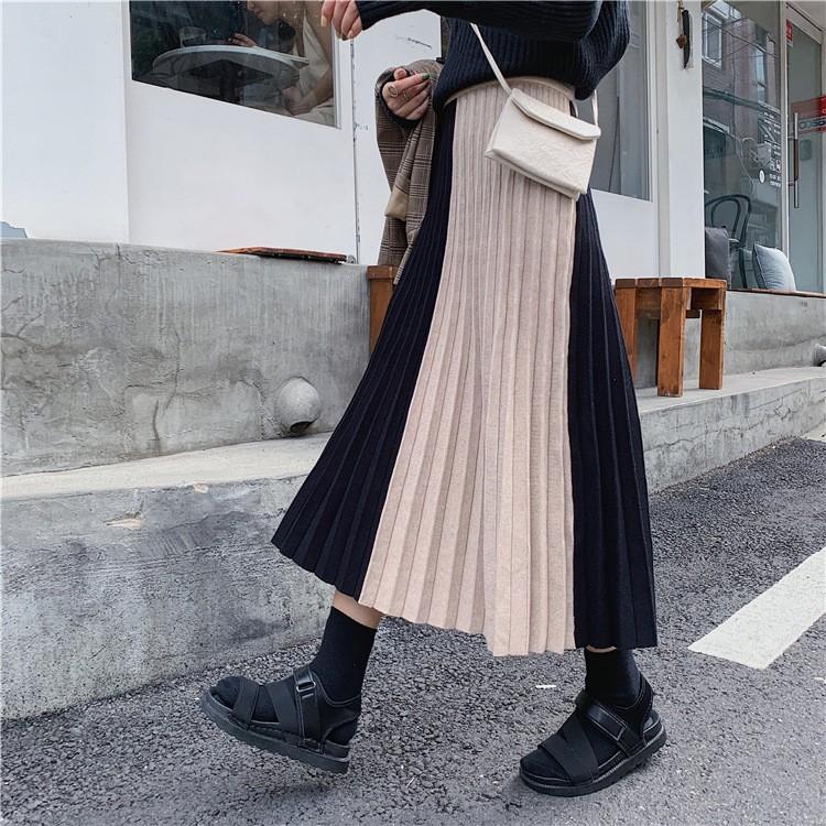 春レディースプリーツスカートスカートロング切り替えニットスカートボトムスaライン体型カバーお洒落通勤OL上品秋コーデ203040