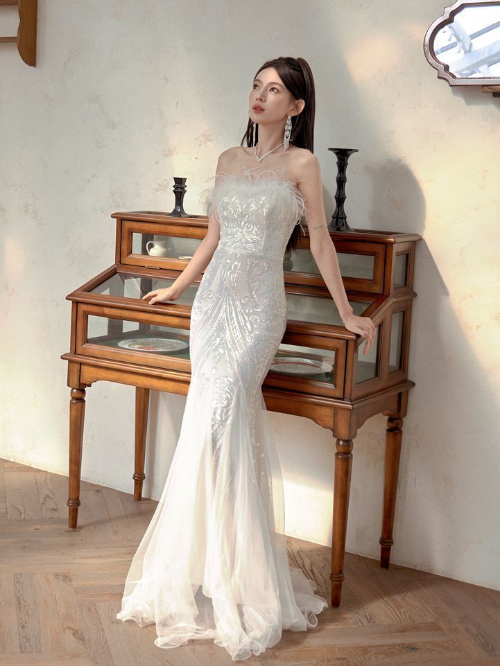 気質誕生日ワンネックエレガントスリムシース宴会レーススモールドレス ワンショルダーフェザーセクシーフィッシュテールドレス キャバドレス ウェディングドレス パーティードレス