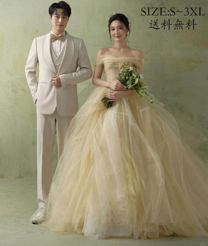 超人気,高評価!!ワンピース 花嫁ドレス お姫様 ロング 森系 ウェディングドレス 可愛い 前撮りドレス 後撮り きれいめ 結婚式ドレス 多重チュール フォトウェディング撮影 二次会ドレス 披露宴 パ