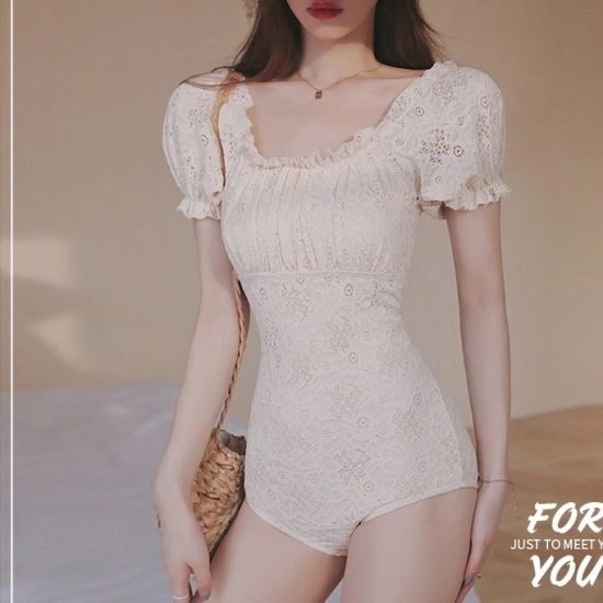 刺繍レース水着 レディース 韓国 ファッション バックシャン バックリボン レースアップ レトロ ワンピースビキニ スイムウエア おしゃれインポート水着 かわいい 大人カジュアル