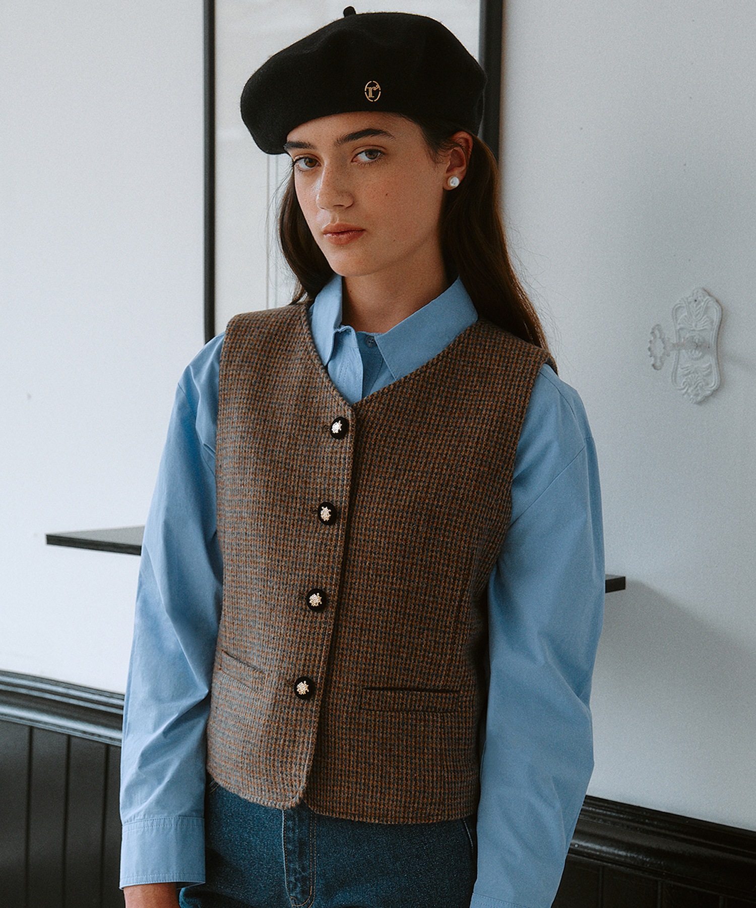 ロラローラチェックシングルベストベージュ