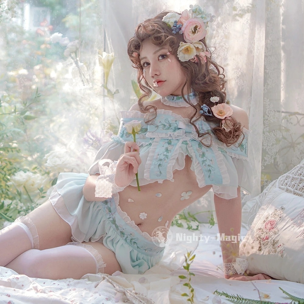 479 【新品】 セクシー プリンセスコスプレメイド・魔女・王女 コスチューム透け感シフォン×リボン＆フリル ベビードール ランジェリー 緑系・グリーン 仮装衣装