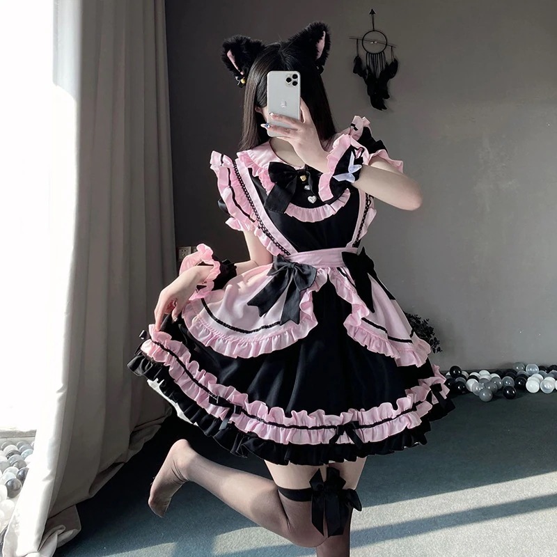 人気新作 メイド服 ショート ロング丈 プリンセススカートミニマドレーヌ 半袖 ロリータ ワンピース 犬ショートギャルjskロリータキャンバスショルダー