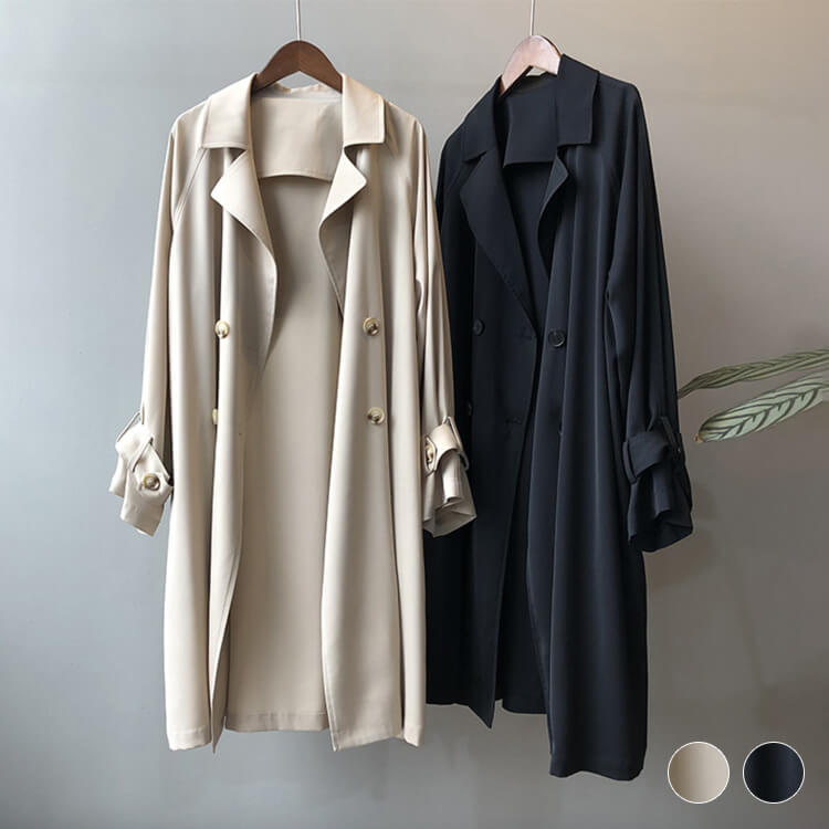 トレンチコート レディース 薄手 ひざ丈 アウター 上品 オープンカラー エレガント 定番 シンプル ダブルボタン おしゃれ フォーマル 春 秋