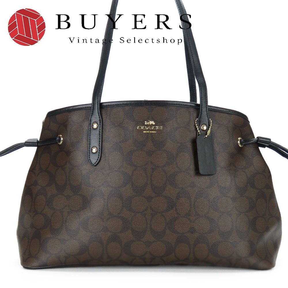 中古 トートバッグ F57842 シグネチャー レザー PVC ブラック ダークブラウン ゴールド金具 肩掛け 普段使い カジュアル レディース 女性