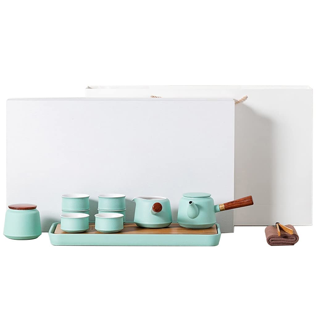大人のための中国日本緑茶セット13杯セットのセラミック中国茶セット竹製トレイ付きポータブル功夫茶器ライトブルーB