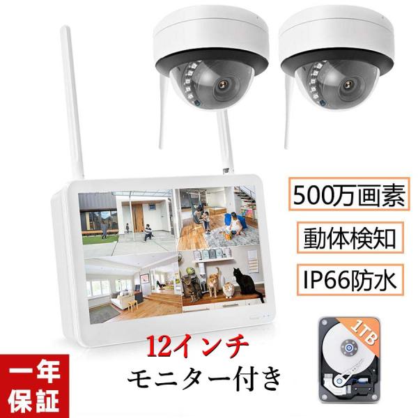 防犯カメラ セット 屋外 介護カメラ 家庭用 室内 ワイヤレス 2台 500万画素 モニター付き wifi 1TBHDD内蔵 ドーム型防犯カメラ IP66防水 録画機能付き 音声録画