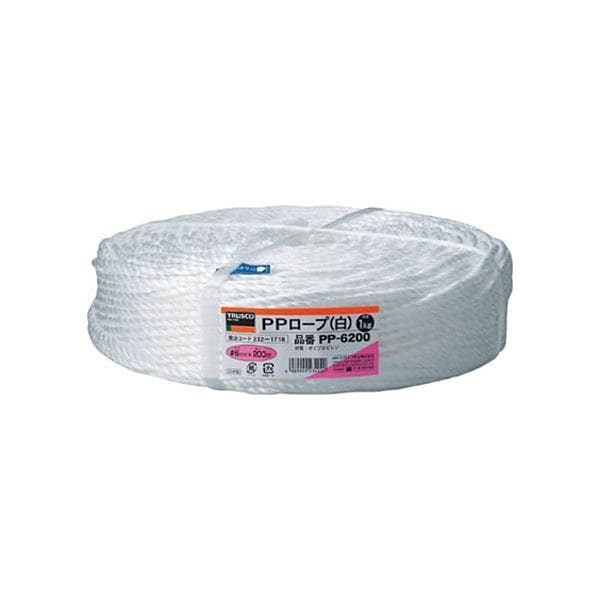 （まとめ）PPロープ 幅6mmx長さ200m 白 PP-6200 1巻 [x5セット]