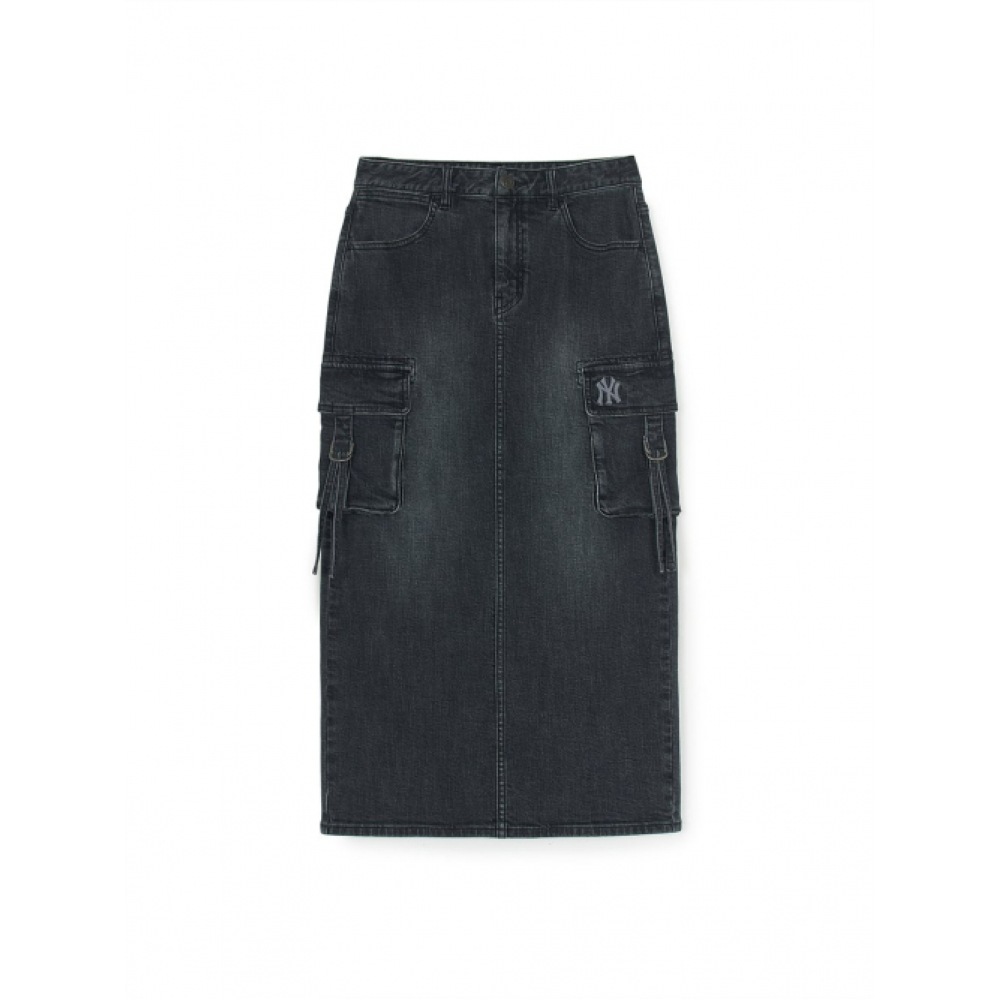 MLB レディースベーシックスモールロゴカーゴデニムロングスカート NY (ブラック)
