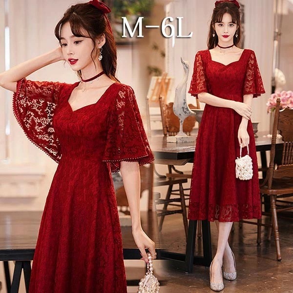ドレス 大人 ピアノ発表会 ドレス 演奏会 結婚式 フェミニン パーティードレス ミモレ丈ドレス 袖あり お呼ばれ 20代 30代 可愛い フェミニン ワインレッド M L LL 3L 4L 5L 6