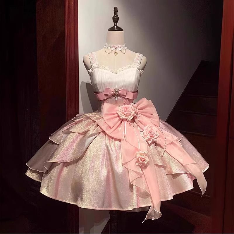 【2枚購入で 3oo円OFF！】ピンクローズjskプリンセスドレスリトルフラワーウェディングスカートハートノットバースデーかわいい甘いロリー