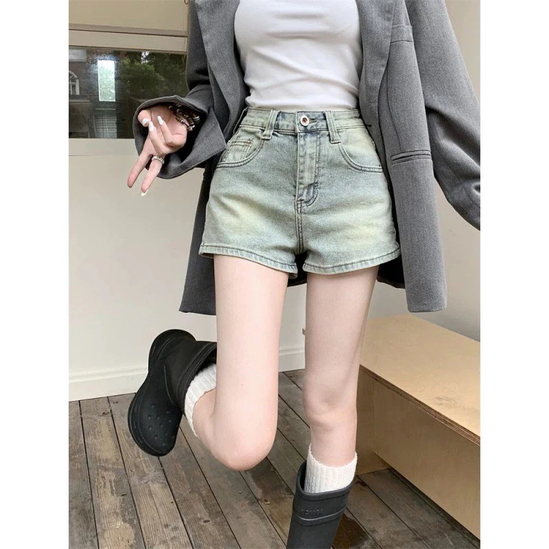 アメリカンレトロ ハイウエスト デニムショートパンツ レディース 2024年夏 ライトカラーデザイン ポケット 万能ホットパンツ