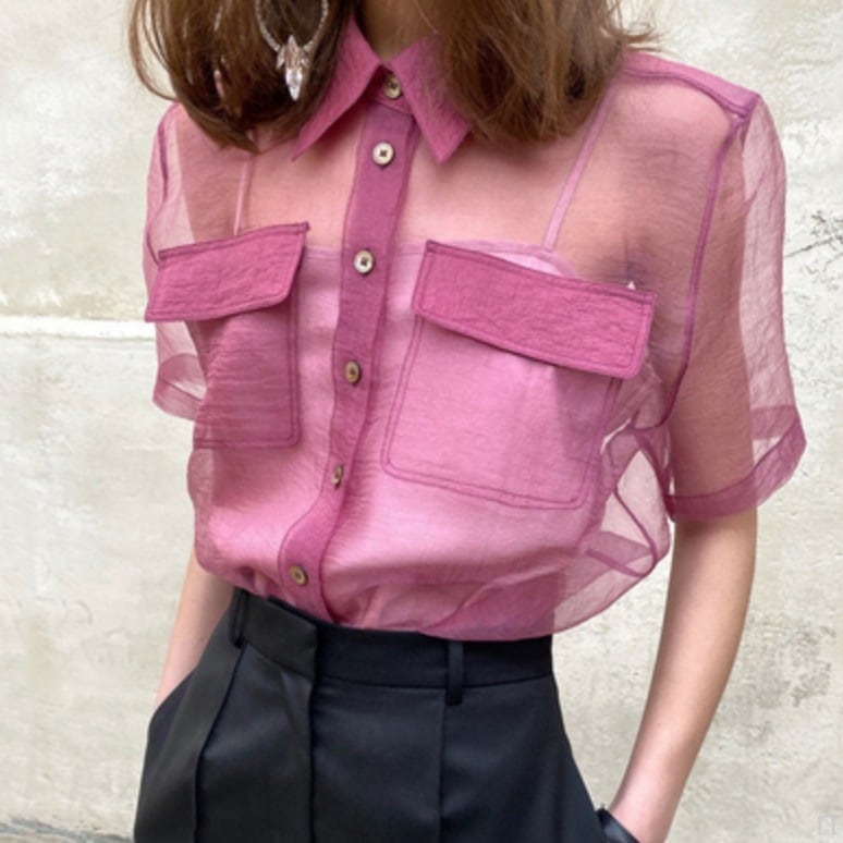 トップス デート かわいい 大人可愛い きれいめ シンプル カジュアル 大人 上品 おしゃれ お洒落 シャツ 薄手 シアー 半袖 夏 肌みせ 韓国 学生 個性的 主役級 ピンク ネイビー フリーサイズ