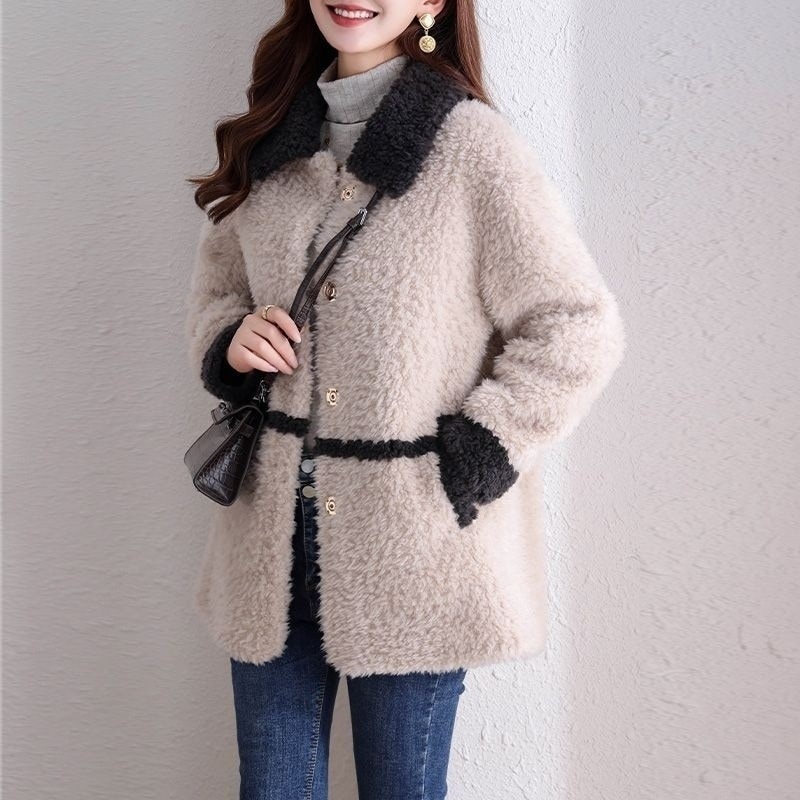 2025年新作女性用グレインベルベットファーワンピースジャケットミドル丈模造ラムウールルーズファッショナブルな暖かいジャケット