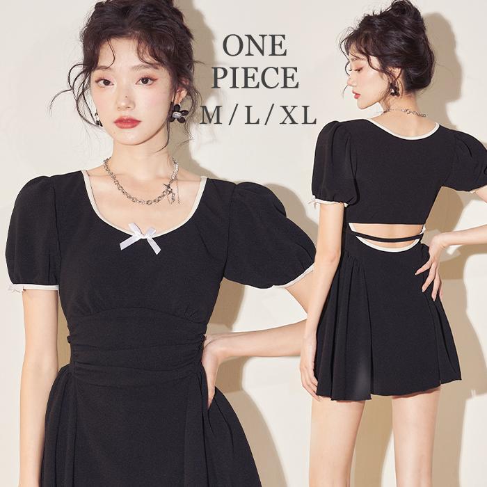 洋服みたいな水着 洋服感覚 ブラック 水着 体型カバー バックオープン ウエストギャザー 水着レディース ワンピース水着 ワンピース レディース リンガーT