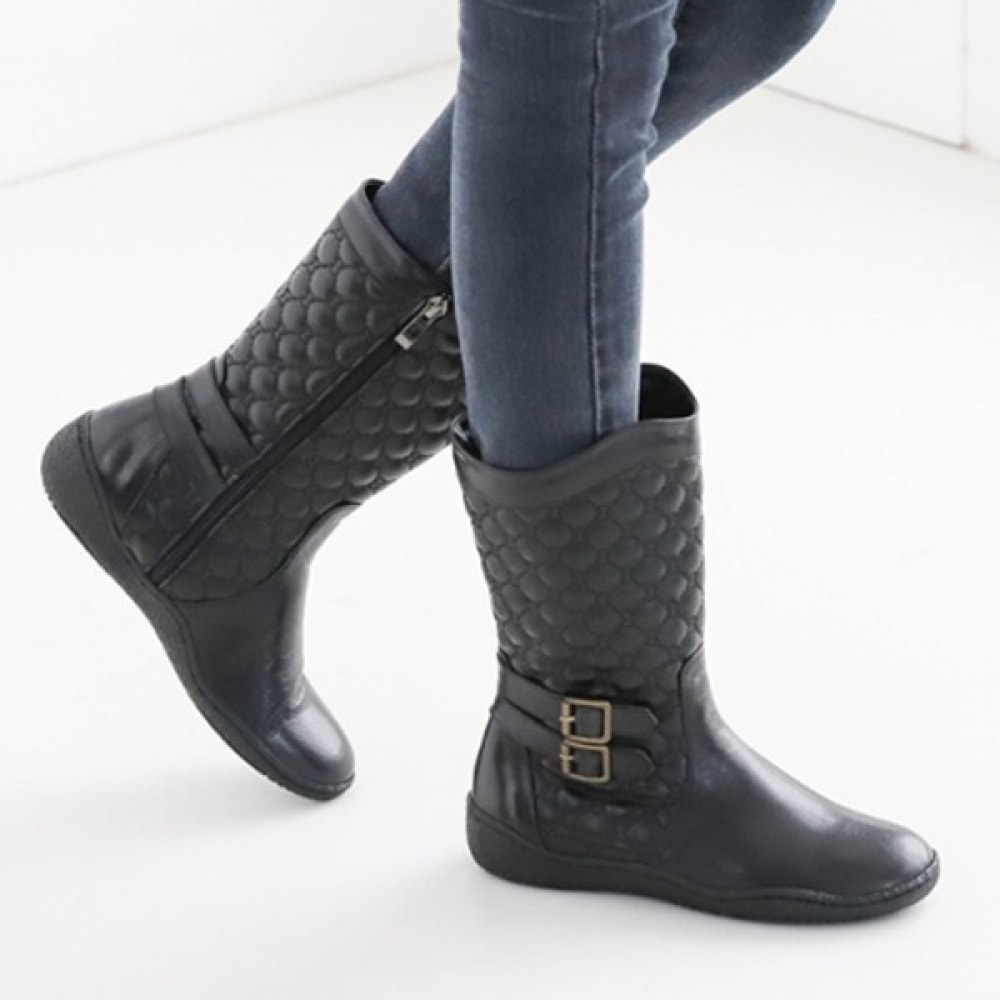 (Ninaspari) 牛革ツーバックル型押しミドルブーツ