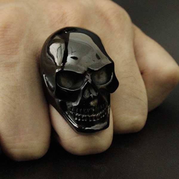 ダークスカルステンレスリング（LRC420） シンプルな黒いドクロの指輪 ブラック 大きい リアル ガイコツ メンズ レディース ペアリング プレゼント ハード系 r0252xxxxxxxx