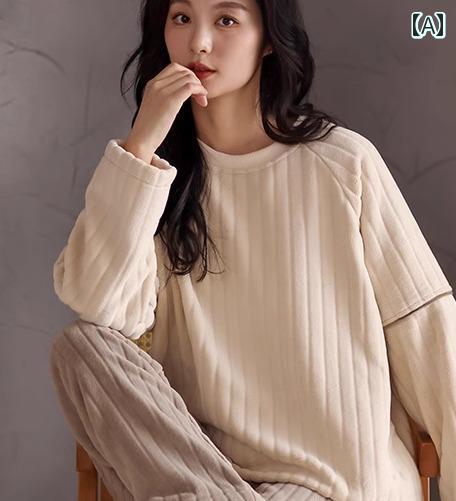 ルームウェア レディース パジャマ 部屋着 ガーリー コーラルベルベット フランネル 秋冬 長袖 ラウンドネック プルオーバー 暖かい ホームウェア セット ホワイト ベージュ ブラウン