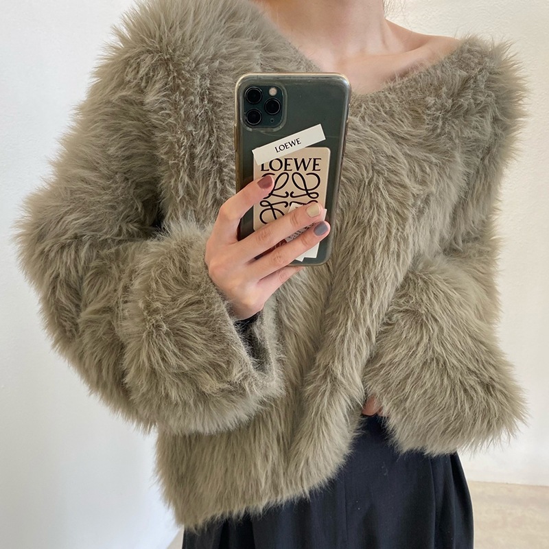 フリース韓版 やさしい 秋冬 Vネック フェイクファー ゆったり プルオーバーデザイン ニット 長袖 上着PM106