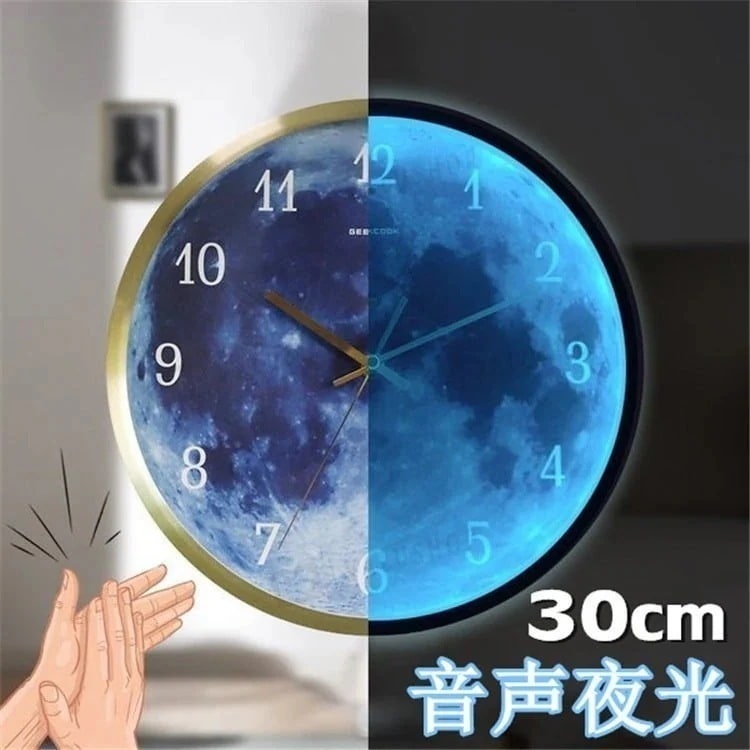 【幸運】掛け時計 発光月型 壁掛け時計 静音 発光 おしゃれ 12インチ サイレント LED ナイトライト モダン ベッド 音声制御 夜も見える