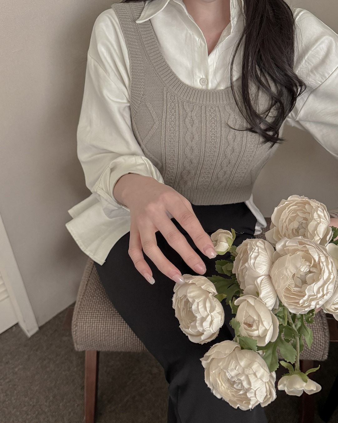 シャツ&ケーブル編みニットビスチェset韓国ファッション レディース