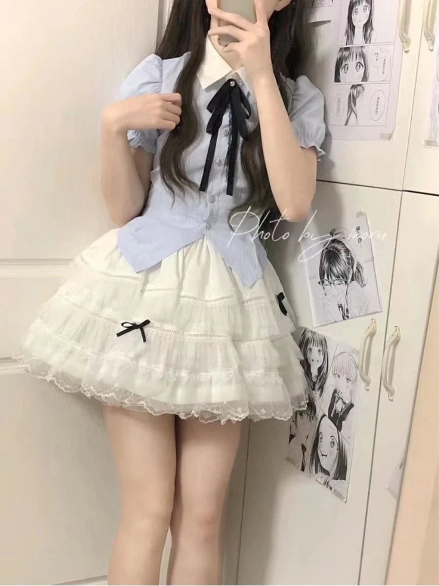 セットアップ10代の女の子のスーツ新しいスモック小さな新鮮なシャツハイウエストリボンふわふわスカートツーピーストレンドスーツ 5,125円