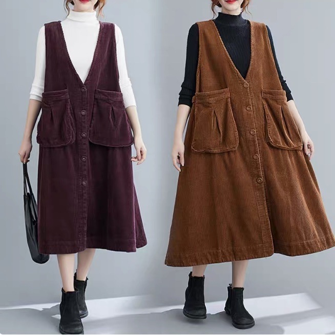スカート ワンピース レディース ジャンパースカート ミモレ ロング 袖なし ノースリーブ Vネック フレア Aライン ストリート ポケット ボタン コーデュロイ かわいい 大人可愛い きれいめ
