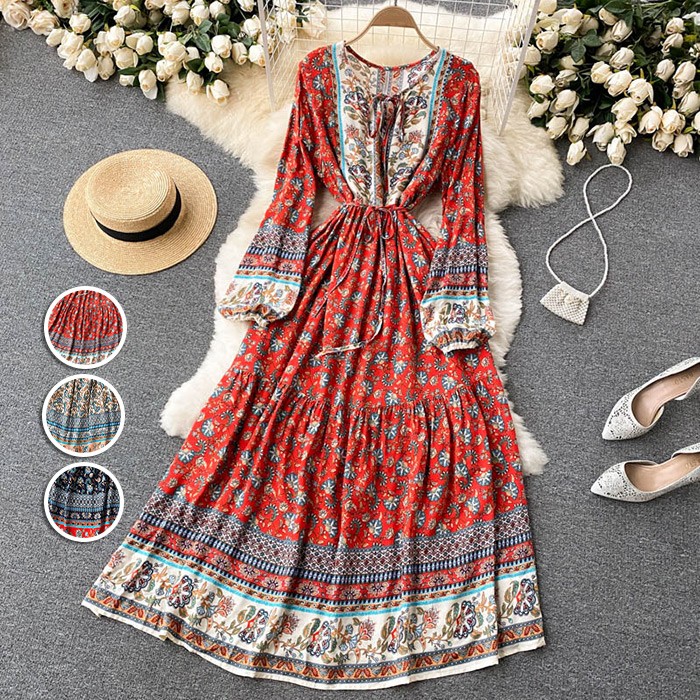 リゾートワンピース レディース フォールドレス ロング マキシ丈ワンピース 旅行用 大人 お洒落 花柄 シャーリング ふんわり フェミニン 薄手 裏地付きリゾートファッション dd002m6m6m6