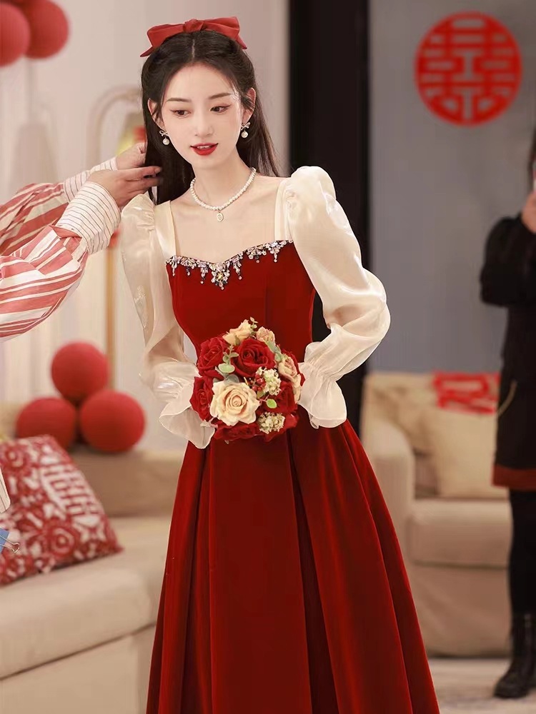 花嫁の乾杯ドレス バーガンディ 2024 新作 夏 着用可能なガーゼ スリーブ 婚約パーティー ドレス ドレス