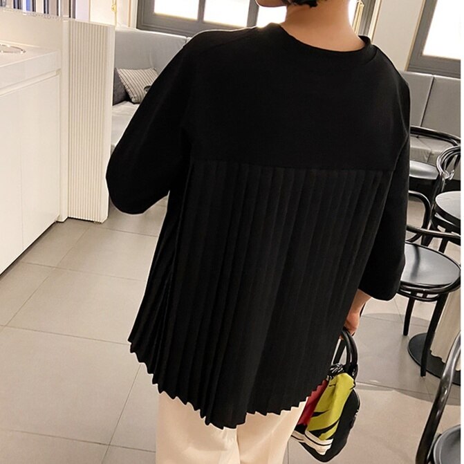 2color トップス 長袖 7分丈 ラウンドネック プリーツ バックプリーツ 無地 Tシャツ カッ