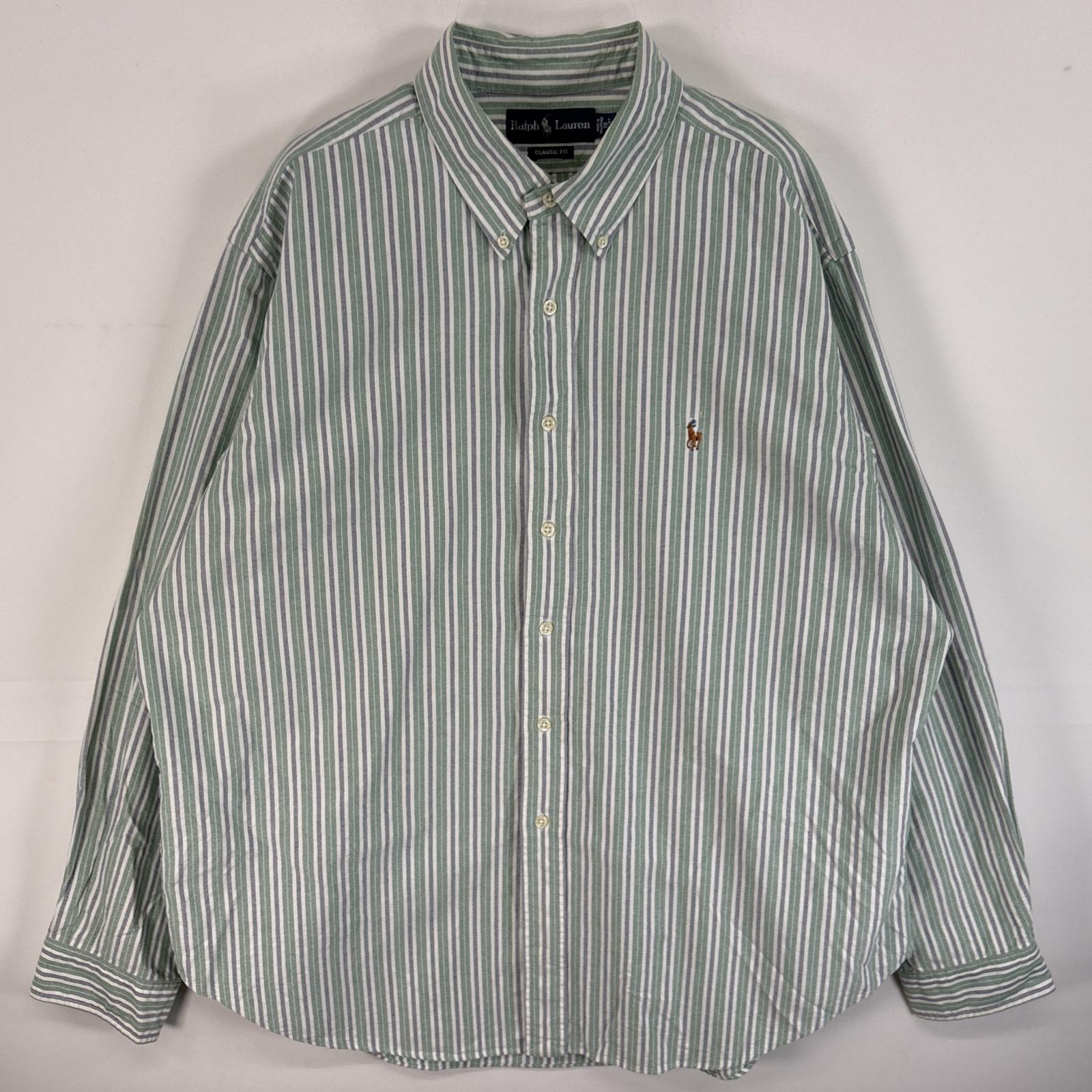 古着 90s/90年代 長袖シャツ ボタンダウンシャツ ストライプ ワンポイント ロゴ 刺繍 18 2XL グリーン系 マルチカラー メンズ 5,500円